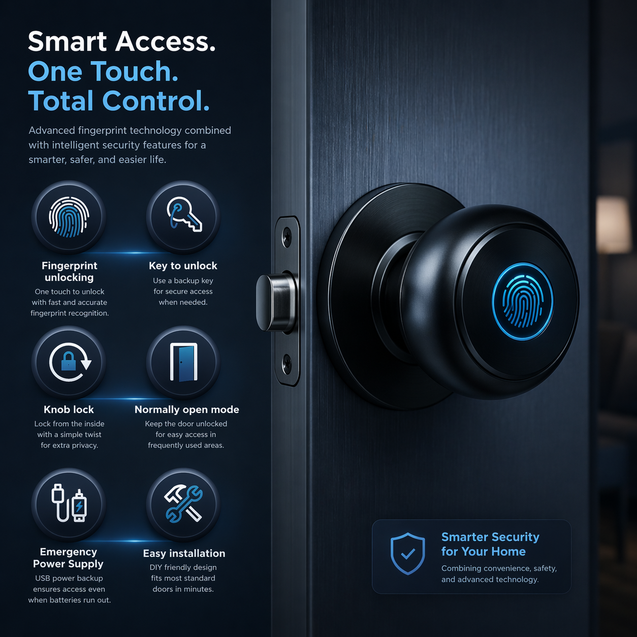 Smart Door Lock Knob With Fingerprint and App